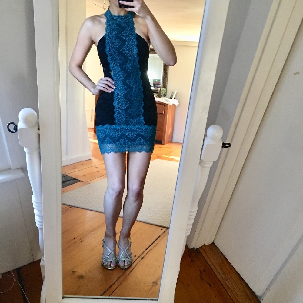 NWT Free People Natasha Lace Teal & Black Halter Mini Dress